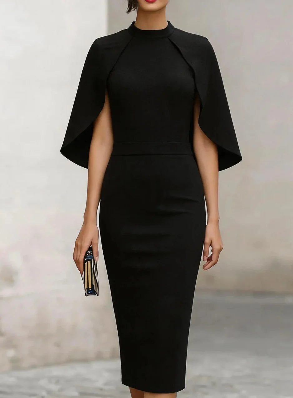 Emily - Elegant Women's Fall Wedding Guest Midi Dress with Cape Sleeves