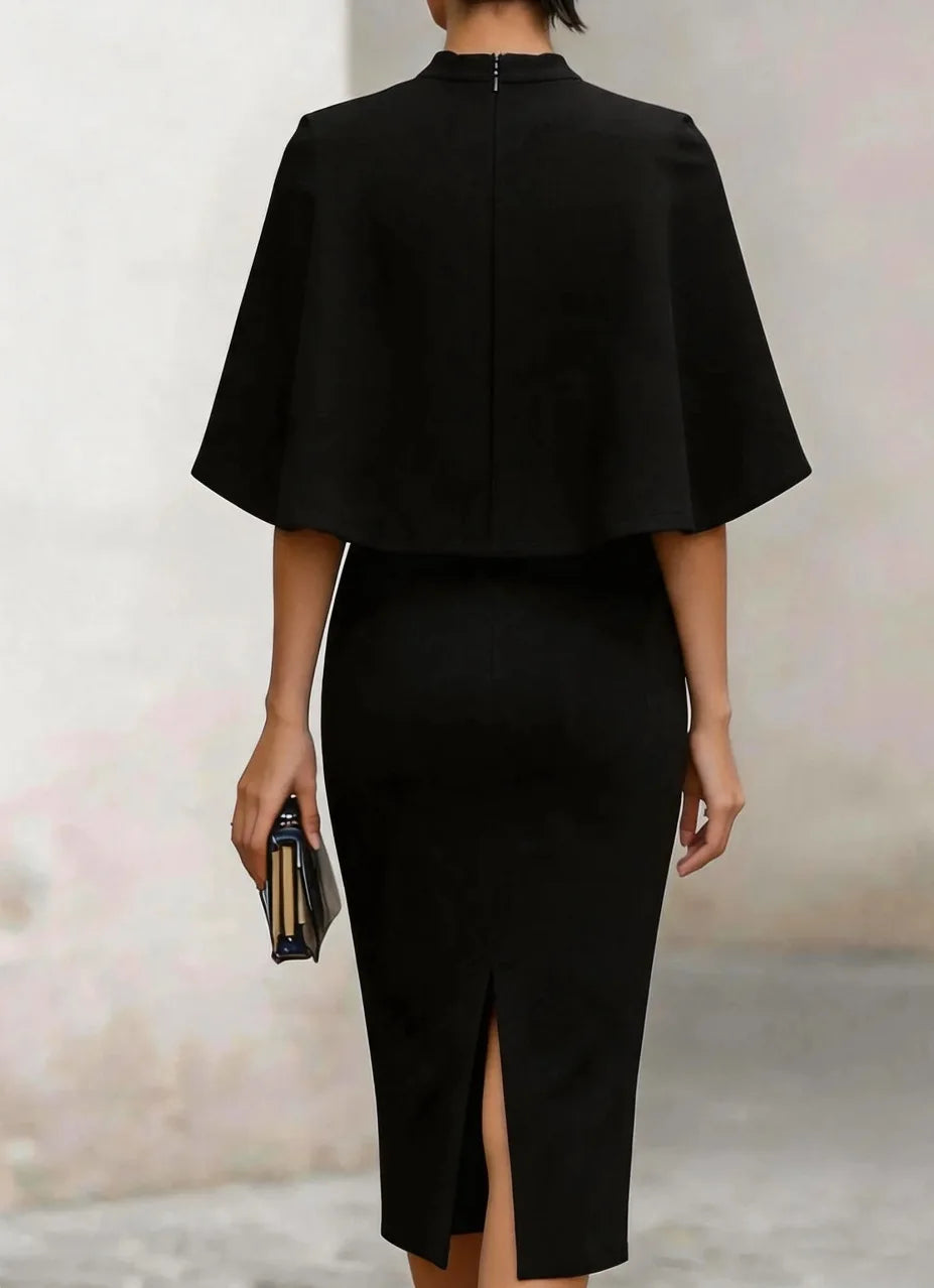 Emily - Elegant Women's Fall Wedding Guest Midi Dress with Cape Sleeves