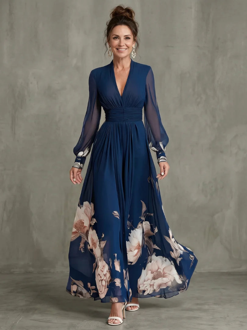 Emily - Elegant Women's Maxi Dress with V-Neck and Sheer Long Sleeves and Floral Print