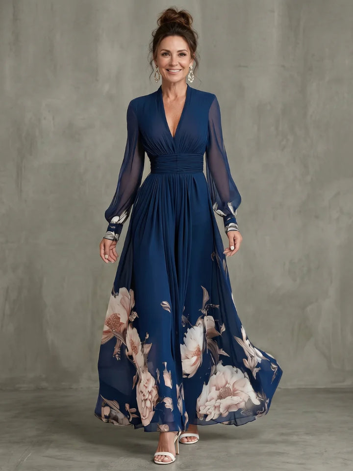 Emily - Elegant Women's Maxi Dress with V-Neck and Sheer Long Sleeves and Floral Print