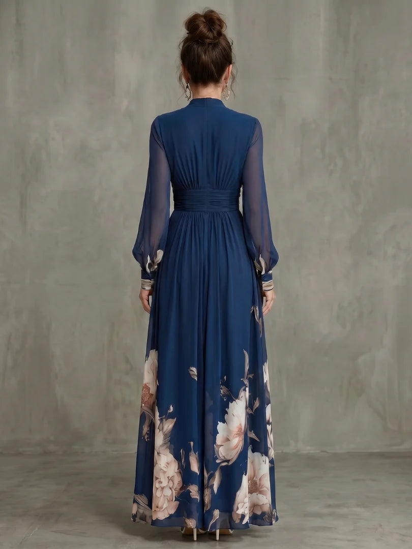 Emily - Elegant Women's Maxi Dress with V-Neck and Sheer Long Sleeves and Floral Print