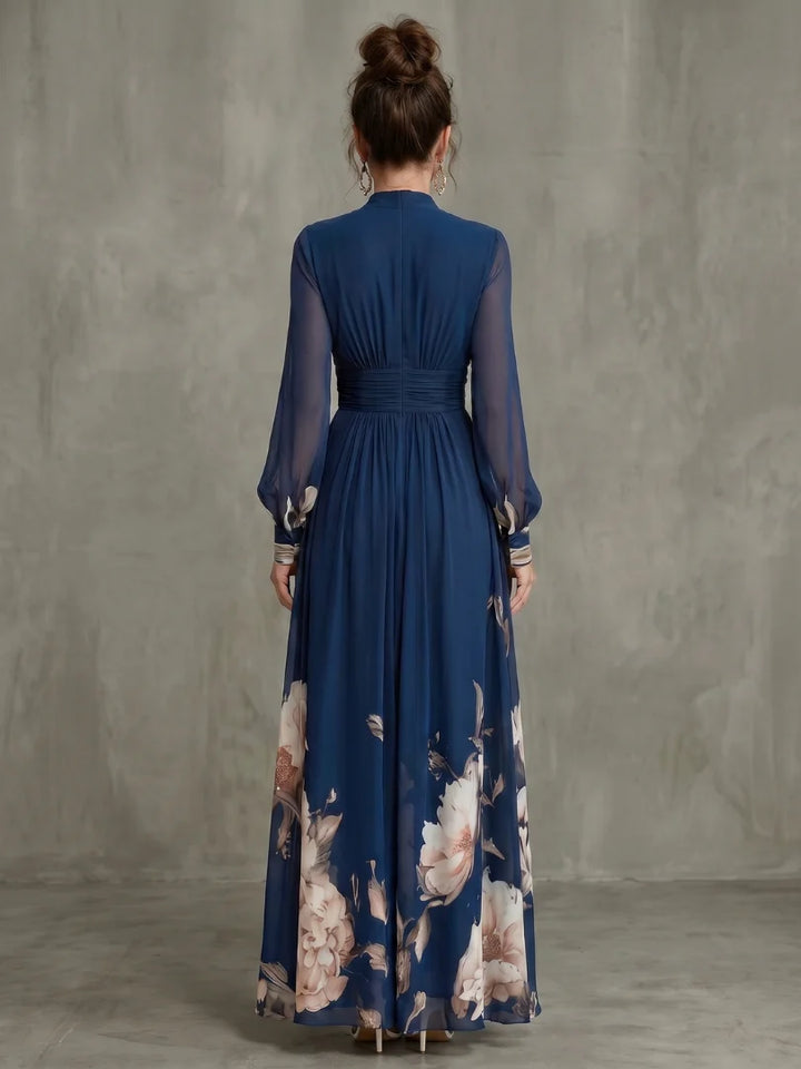 Emily - Elegant Women's Maxi Dress with V-Neck and Sheer Long Sleeves and Floral Print