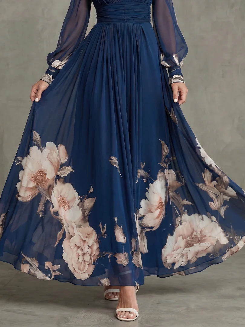 Emily - Elegant Women's Maxi Dress with V-Neck and Sheer Long Sleeves and Floral Print