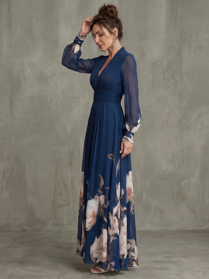 Emily - Elegant Women's Maxi Dress with V-Neck and Sheer Long Sleeves and Floral Print