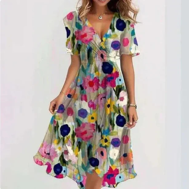 Emily - Elegant Women's Midi Dress with Wrap V-Neck and Floral Print
