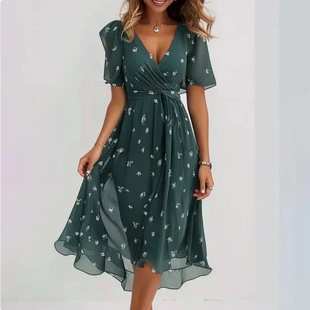 Emily - Elegant Women's Midi Dress with Wrap V-Neck and Floral Print