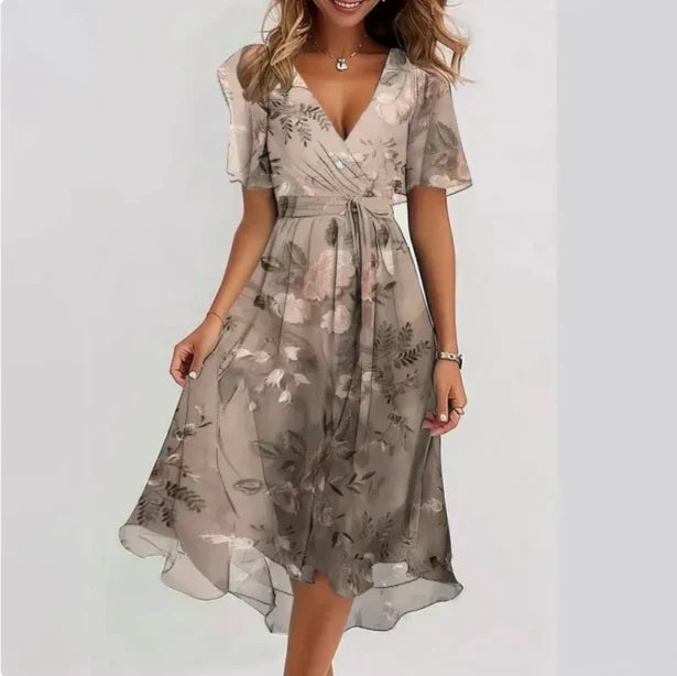 Emily - Elegant Women's Midi Dress with Wrap V-Neck and Floral Print