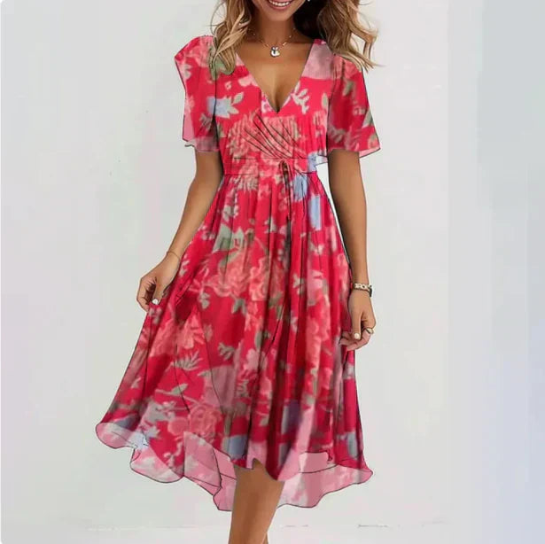Emily - Elegant Women's Midi Dress with Wrap V-Neck and Floral Print