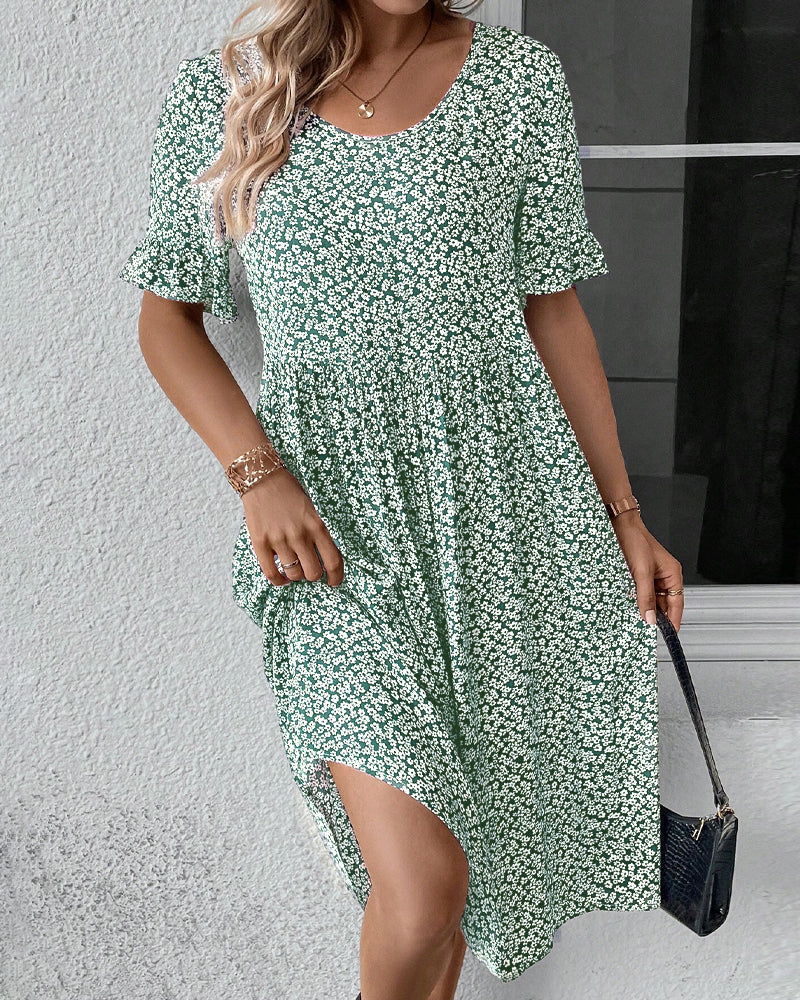 Emily - Elegant Women's Wedding Guest Dress with Flutter Sleeves and Floral Print