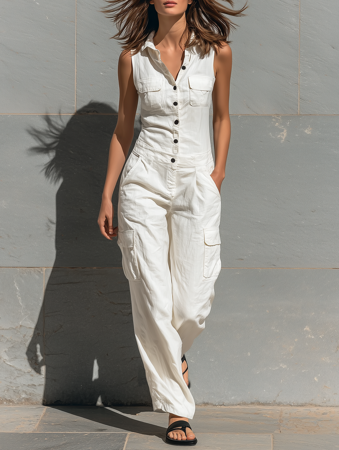 Emily - Oversized Women's Linen Jumpsuit with Cargo Pockets and Collared Neckline