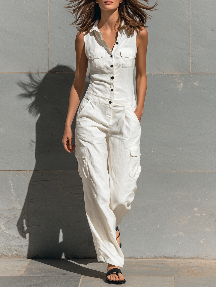 Emily - Oversized Women's Linen Jumpsuit with Cargo Pockets and Collared Neckline