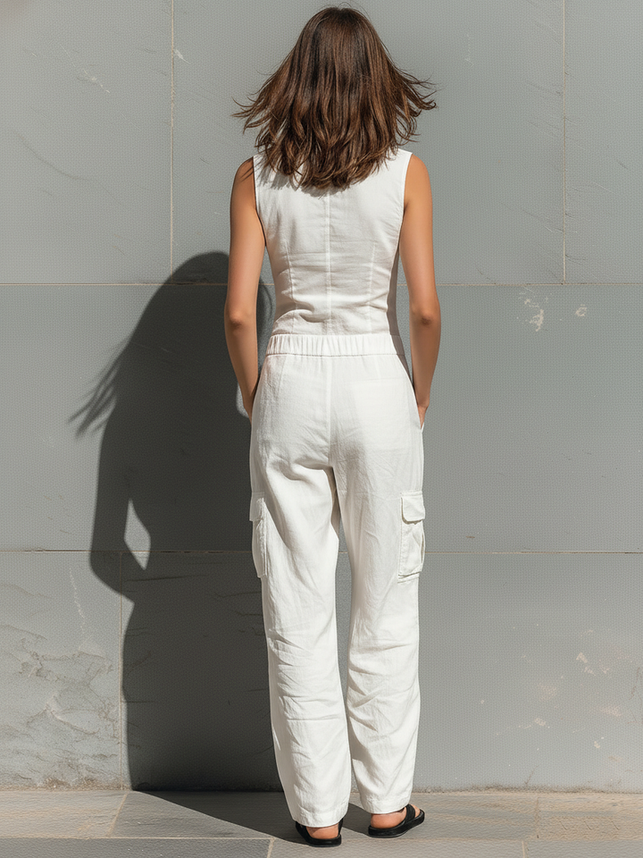 Emily - Oversized Women's Linen Jumpsuit with Cargo Pockets and Collared Neckline