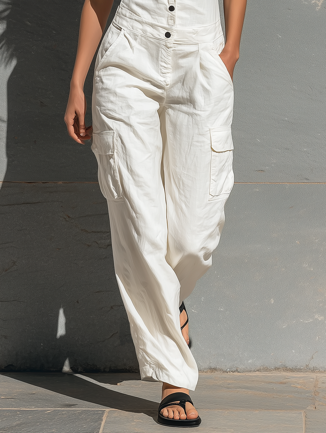 Emily - Oversized Women's Linen Jumpsuit with Cargo Pockets and Collared Neckline