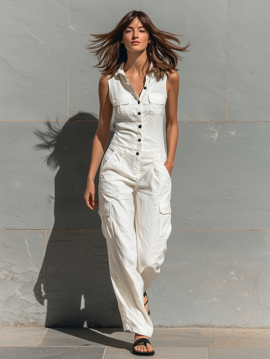 Emily - Oversized Women's Linen Jumpsuit with Cargo Pockets and Collared Neckline