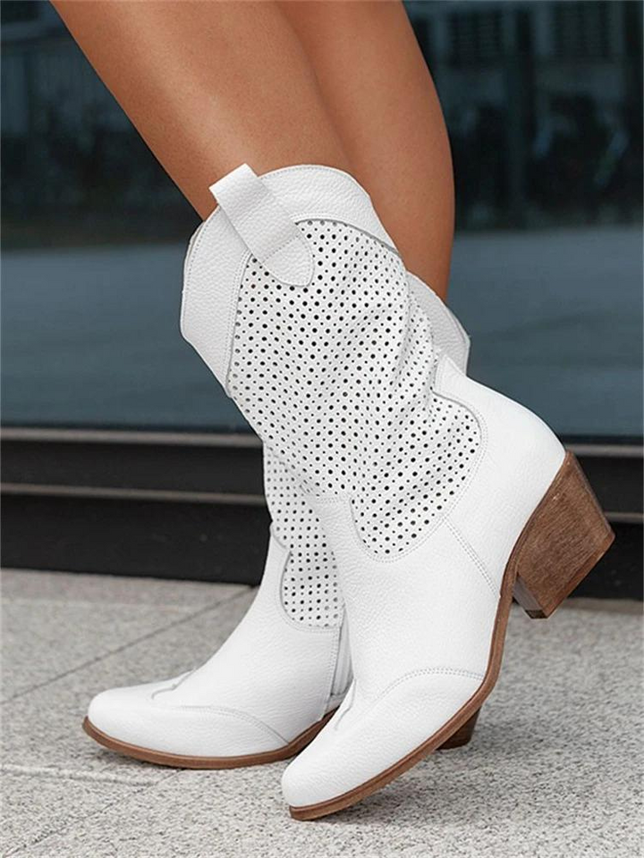 Emily - Vintage Women's Orthopedic Cowboy Boots with Perforated Design and Stacked Heel