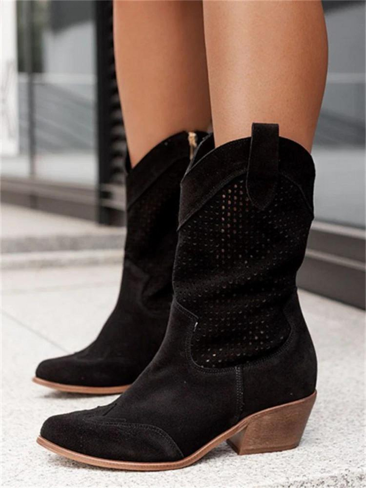 Emily - Vintage Women's Orthopedic Cowboy Boots with Perforated Design and Stacked Heel