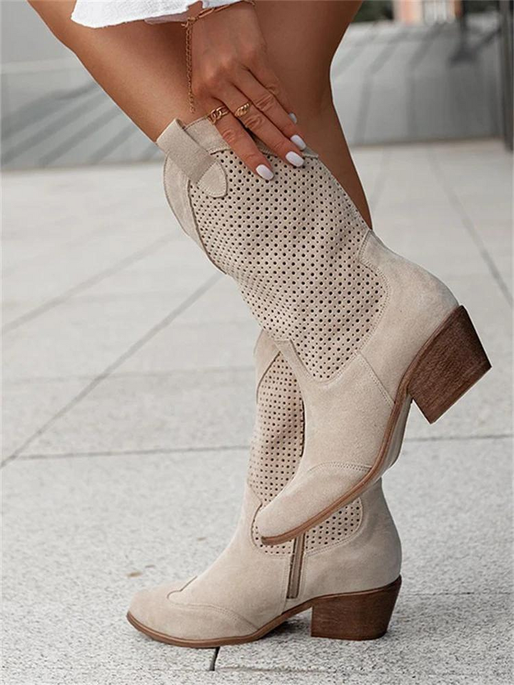 Emily - Vintage Women's Orthopedic Cowboy Boots with Perforated Design and Stacked Heel