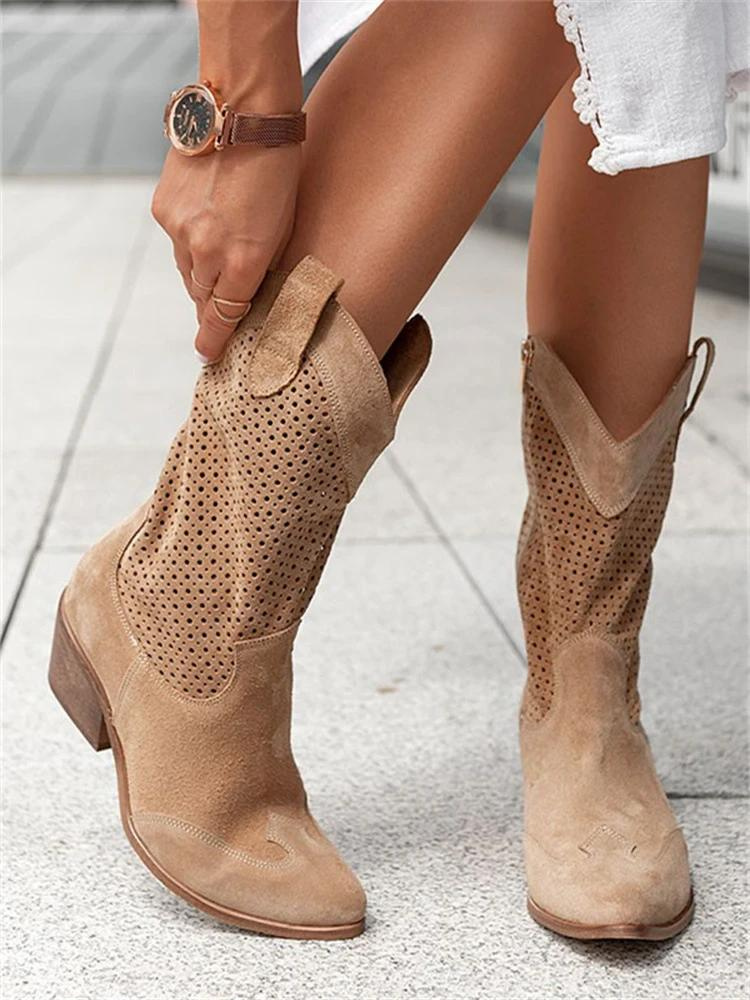Emily - Vintage Women's Orthopedic Cowboy Boots with Perforated Design and Stacked Heel