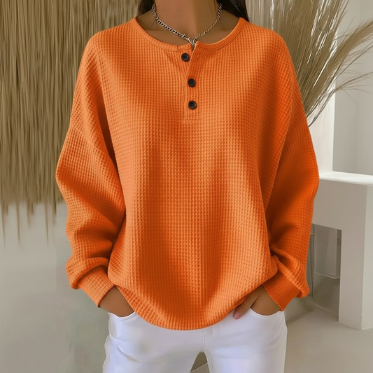 Emily - Women's Autumn Jumper Waffle Knit Style with Button Neckline