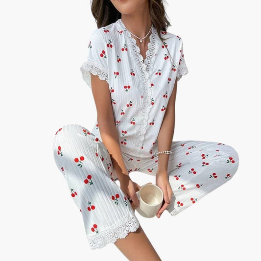Emily - Women's printed ribbed pyjama set with short sleeve and wide leg