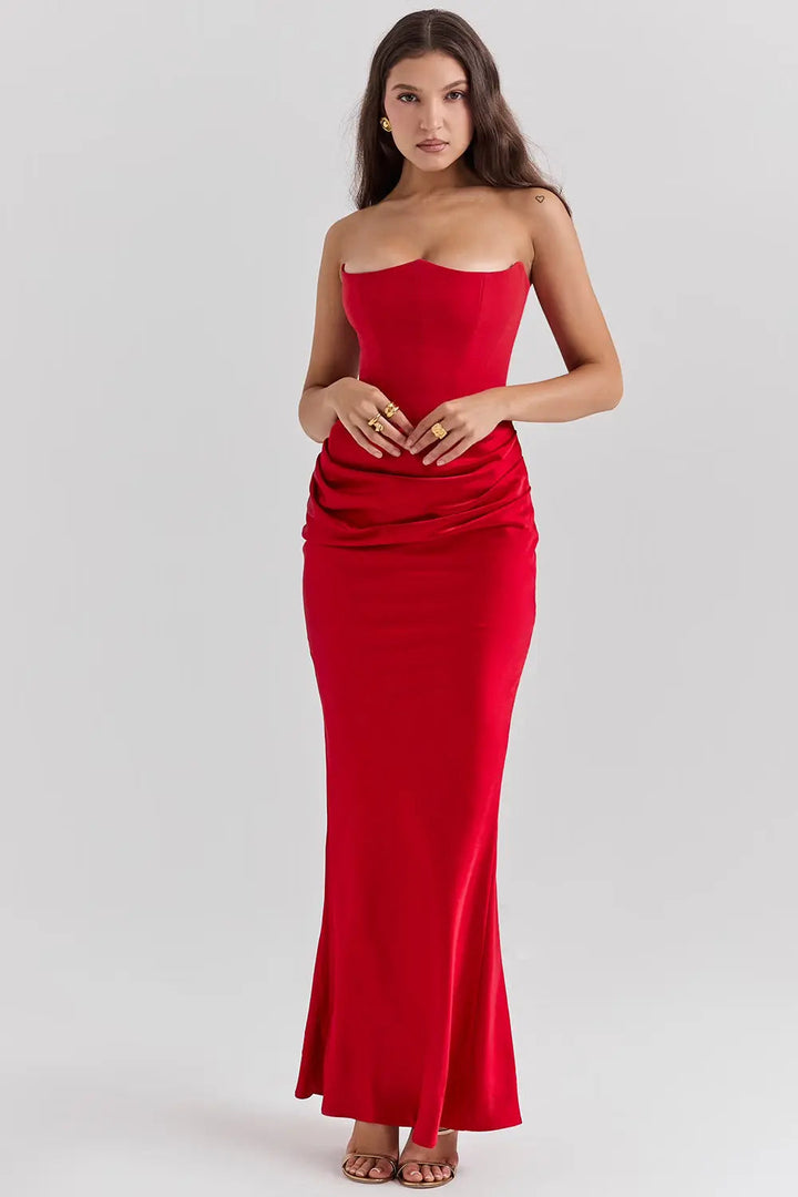 Emma - Elegant Women's Wedding Guest Dress with Corset Bodice and Draped Maxi Skirt