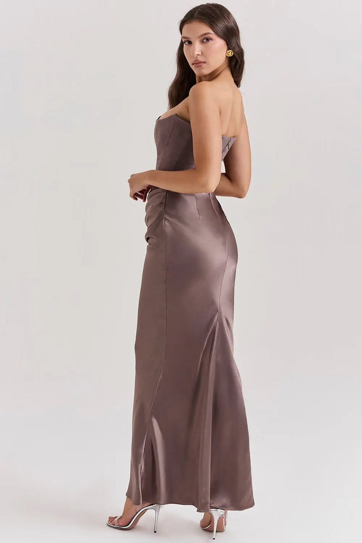 Emma - Elegant Women's Wedding Guest Dress with Corset Bodice and Draped Maxi Skirt