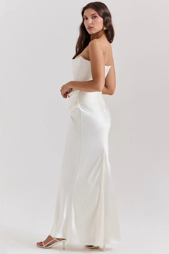 Emma - Elegant Women's Wedding Guest Dress with Corset Bodice and Draped Maxi Skirt