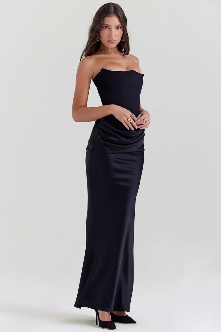 Emma - Elegant Women's Wedding Guest Dress with Corset Bodice and Draped Maxi Skirt
