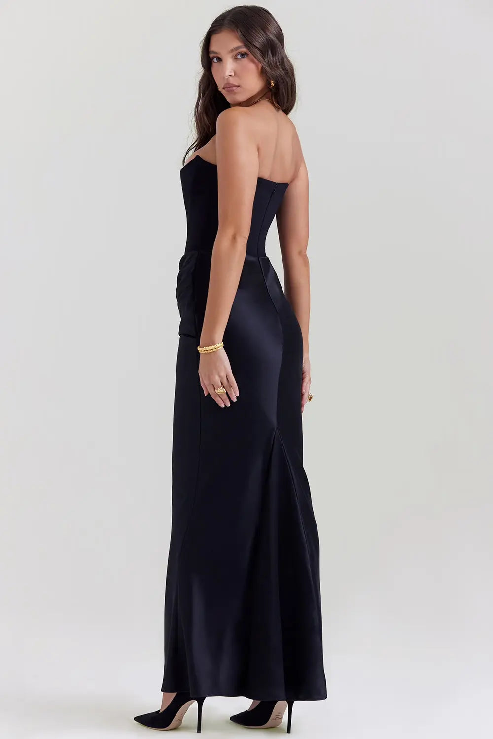 Emma - Elegant Women's Wedding Guest Dress with Corset Bodice and Draped Maxi Skirt