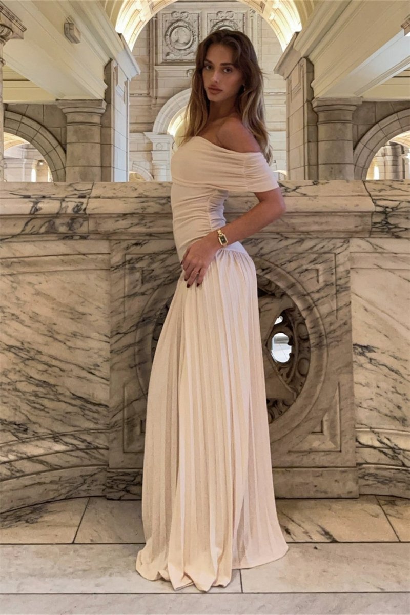 Evelyn - Elegant Women's Wedding Guest Dress with Off Shoulder Neckline and Pleated Maxi Skirt