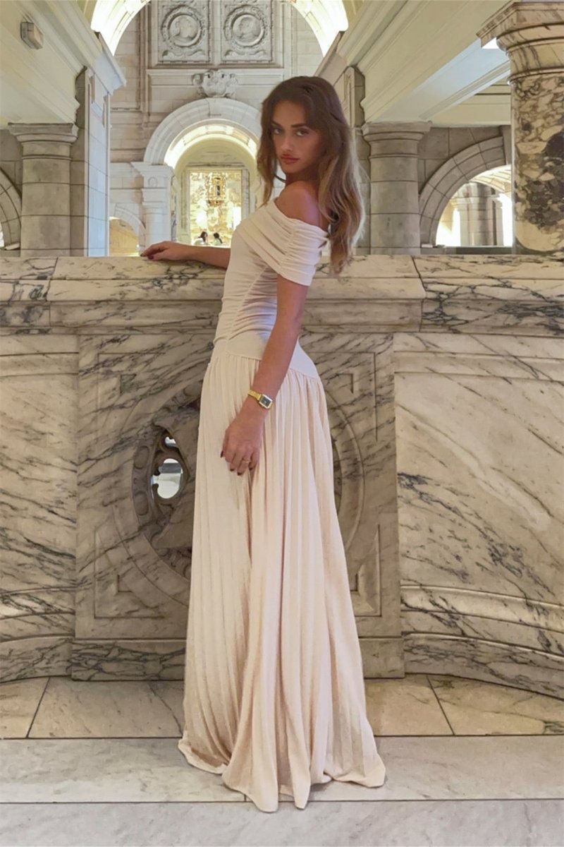 Evelyn - Elegant Women's Wedding Guest Dress with Off Shoulder Neckline and Pleated Maxi Skirt