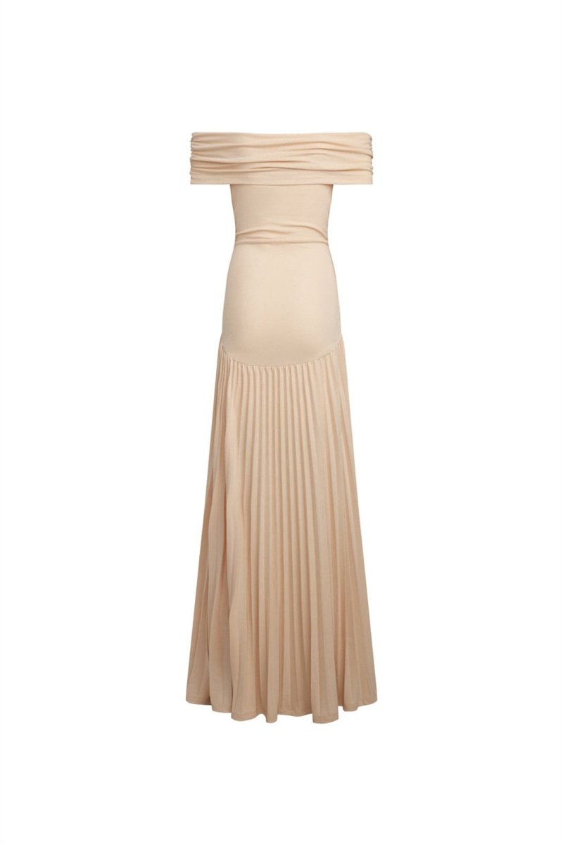 Evelyn - Elegant Women's Wedding Guest Dress with Off Shoulder Neckline and Pleated Maxi Skirt
