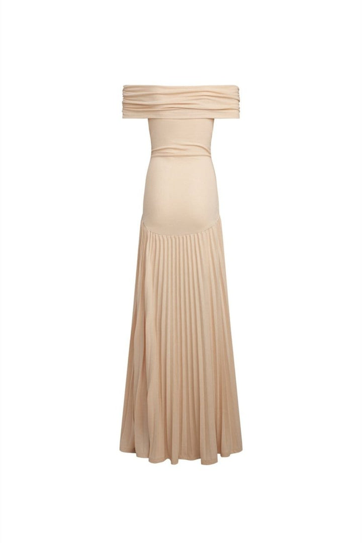 Evelyn - Elegant Women's Wedding Guest Dress with Off Shoulder Neckline and Pleated Maxi Skirt