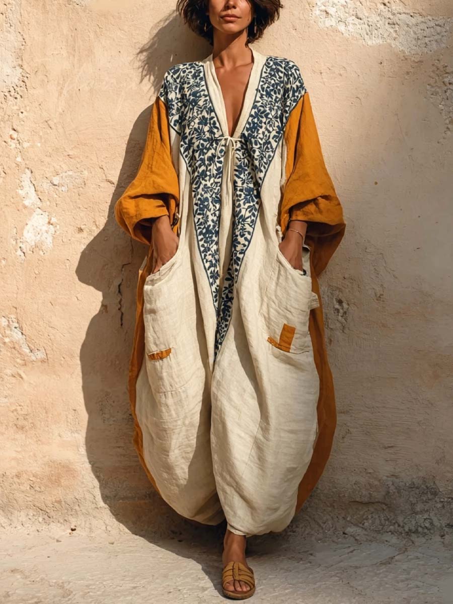 Evie - Boho Women's Linen Jumpsuit with V-Neck Tie Front and Balloon Sleeves