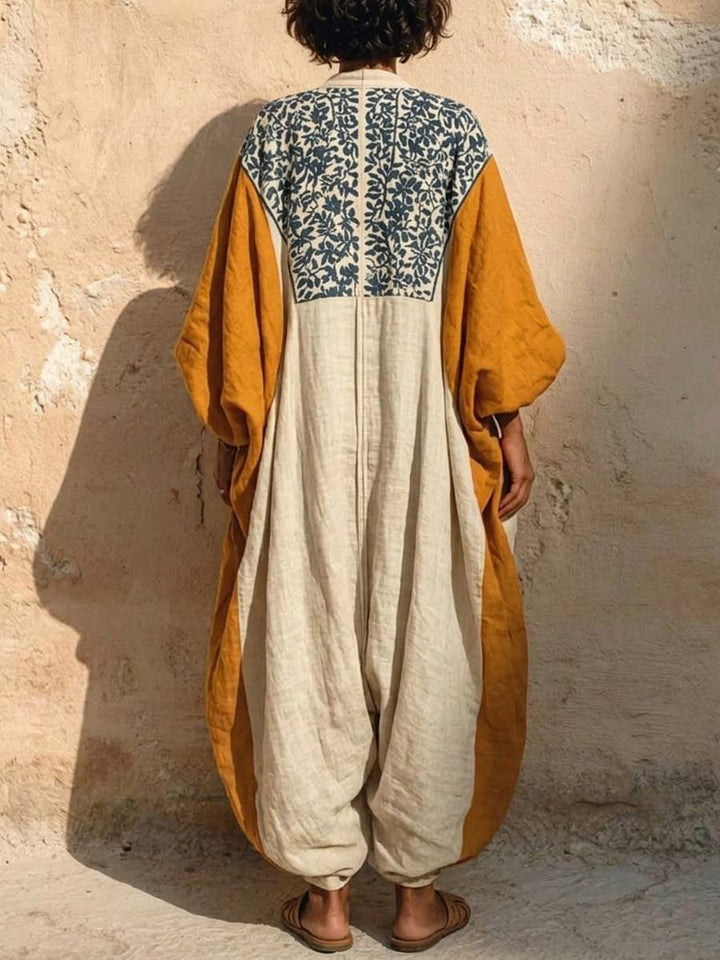 Evie - Boho Women's Linen Jumpsuit with V-Neck Tie Front and Balloon Sleeves