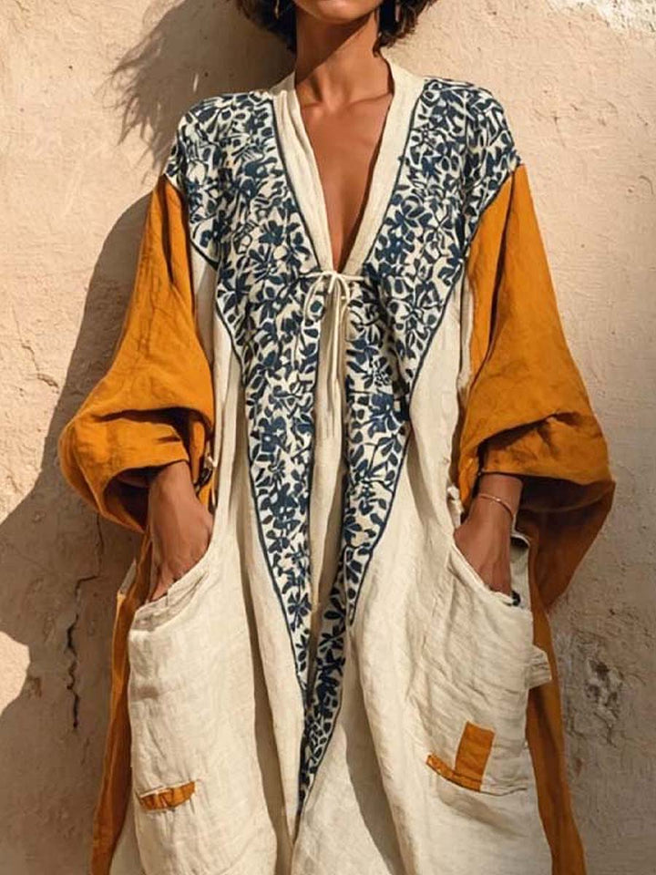 Evie - Boho Women's Linen Jumpsuit with V-Neck Tie Front and Balloon Sleeves