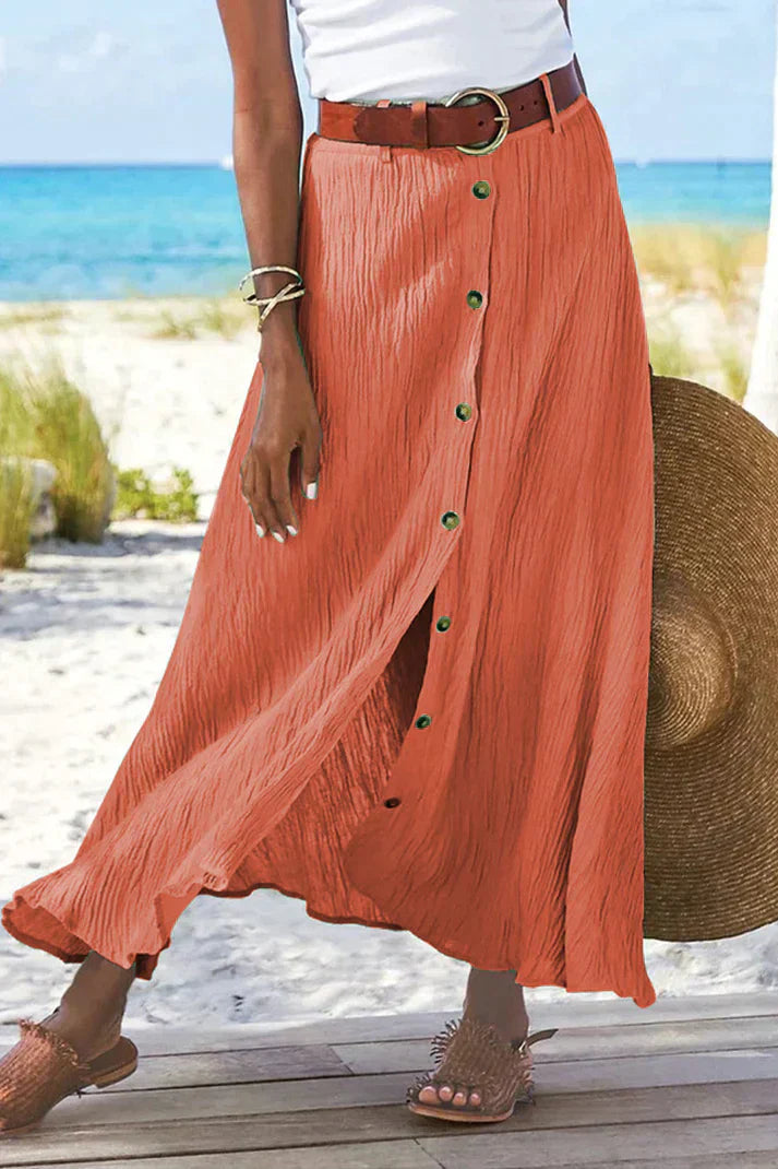 Evie - Boho Women's Linen Maxi Skirt with Button Front and Belted Waist