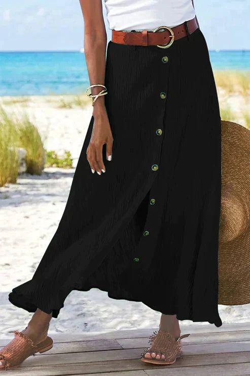 Evie - Boho Women's Linen Maxi Skirt with Button Front and Belted Waist