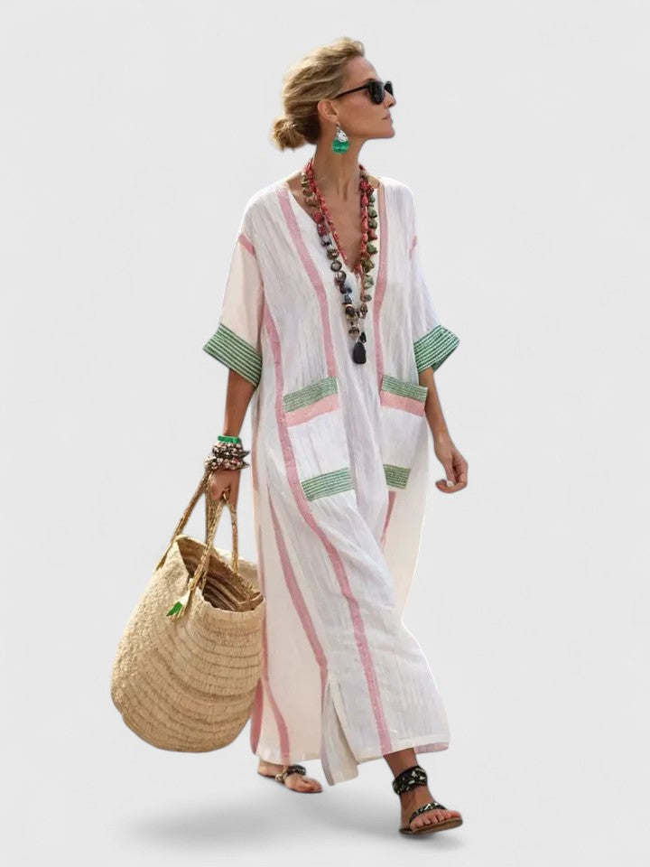 Evie - Boho Women's Maxi Dress with V-Neck and Striped Print and Patch Pockets
