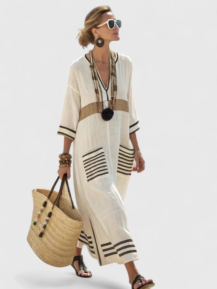 Evie - Boho Women's Maxi Dress with V-Neck and Striped Print and Patch Pockets