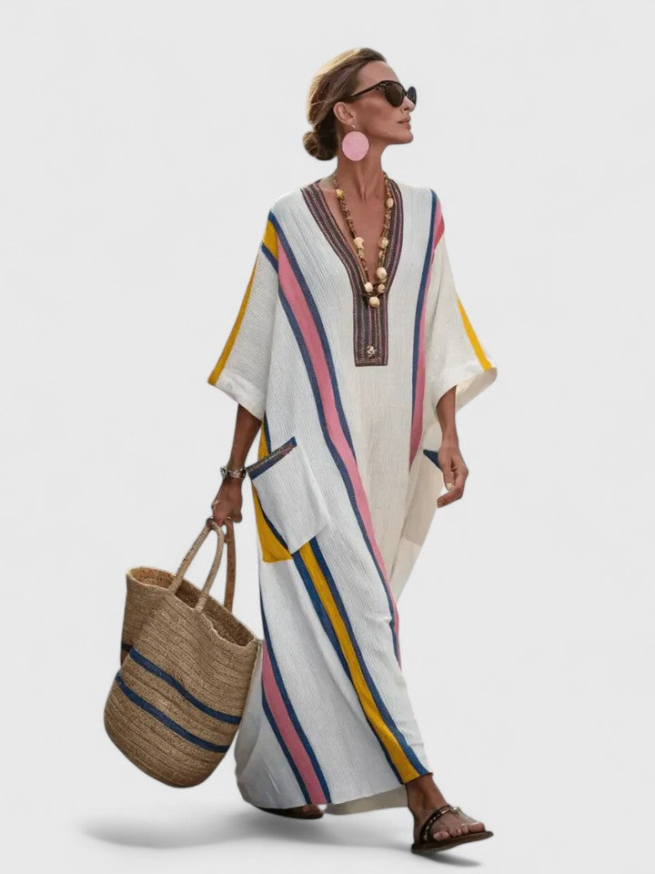 Evie - Boho Women's Maxi Dress with V-Neck and Striped Print and Patch Pockets