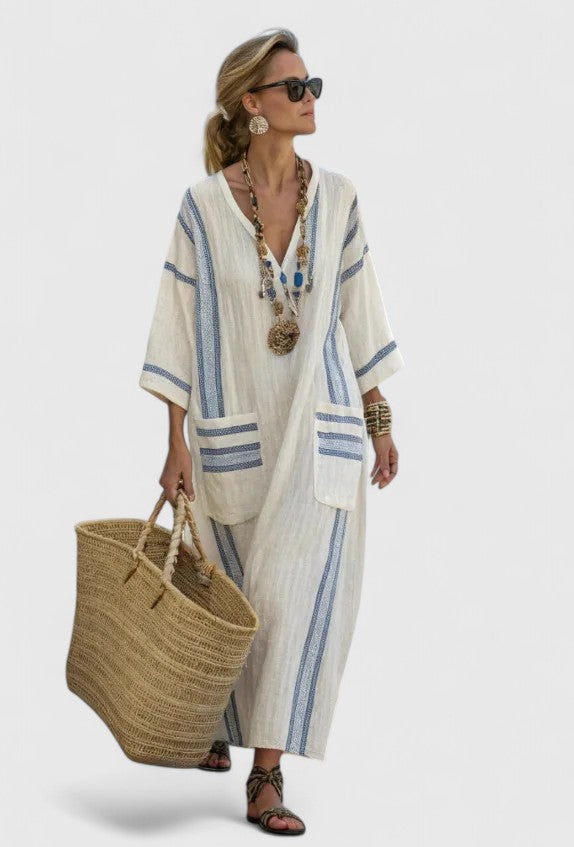 Evie - Boho Women's Maxi Dress with V-Neck and Striped Print and Patch Pockets