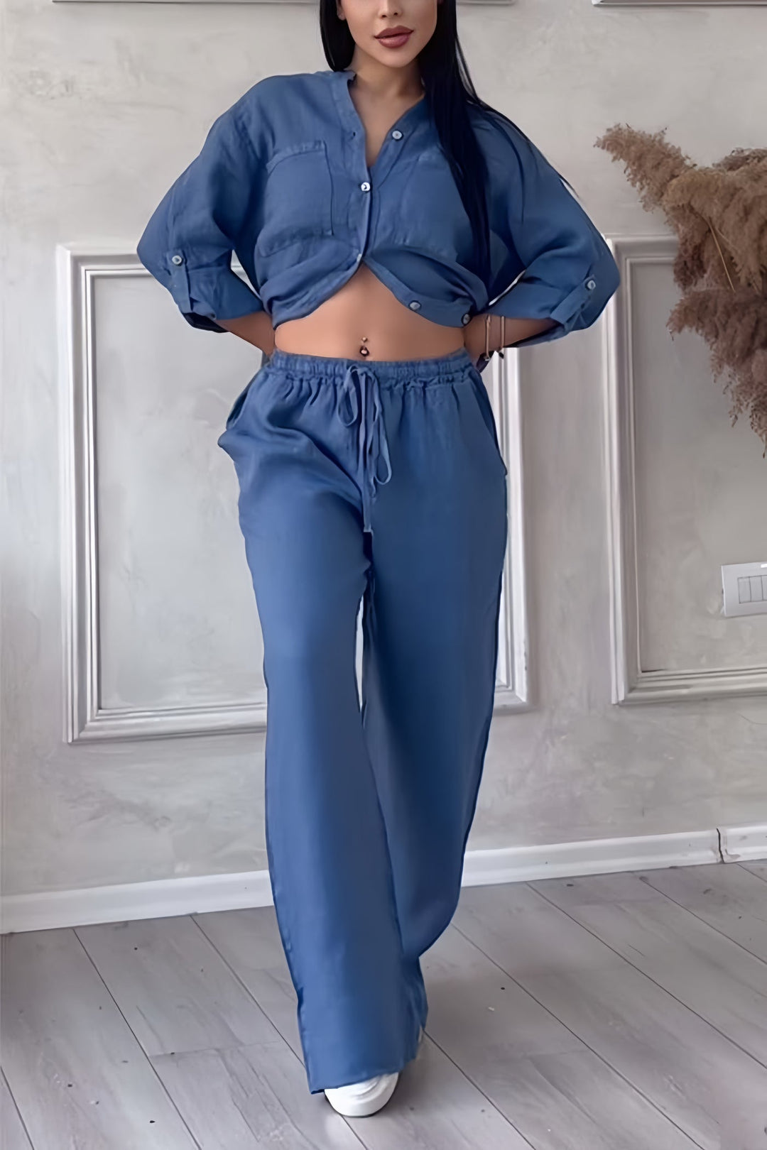 Evie - Casual Women's Linen Set with Button Shirt and Wide Leg Trousers