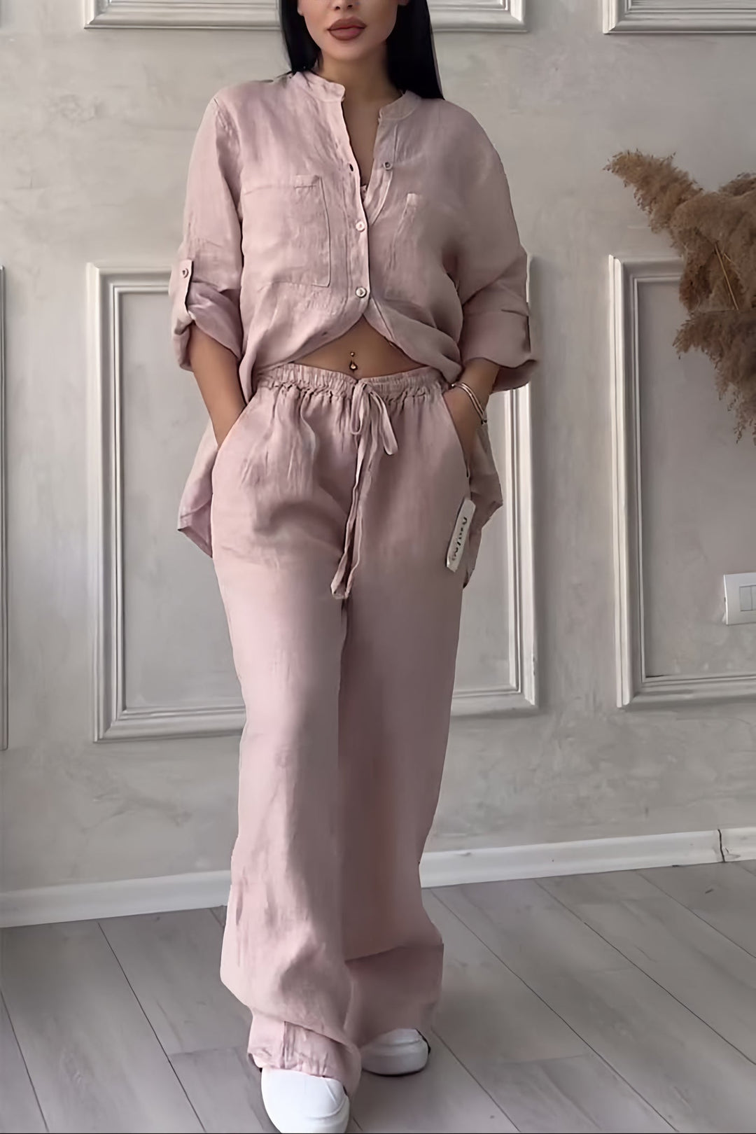 Evie - Casual Women's Linen Set with Button Shirt and Wide Leg Trousers
