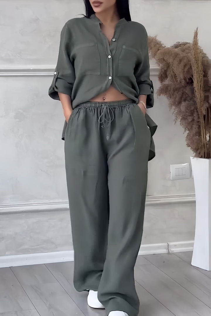 Evie - Casual Women's Linen Set with Button Shirt and Wide Leg Trousers