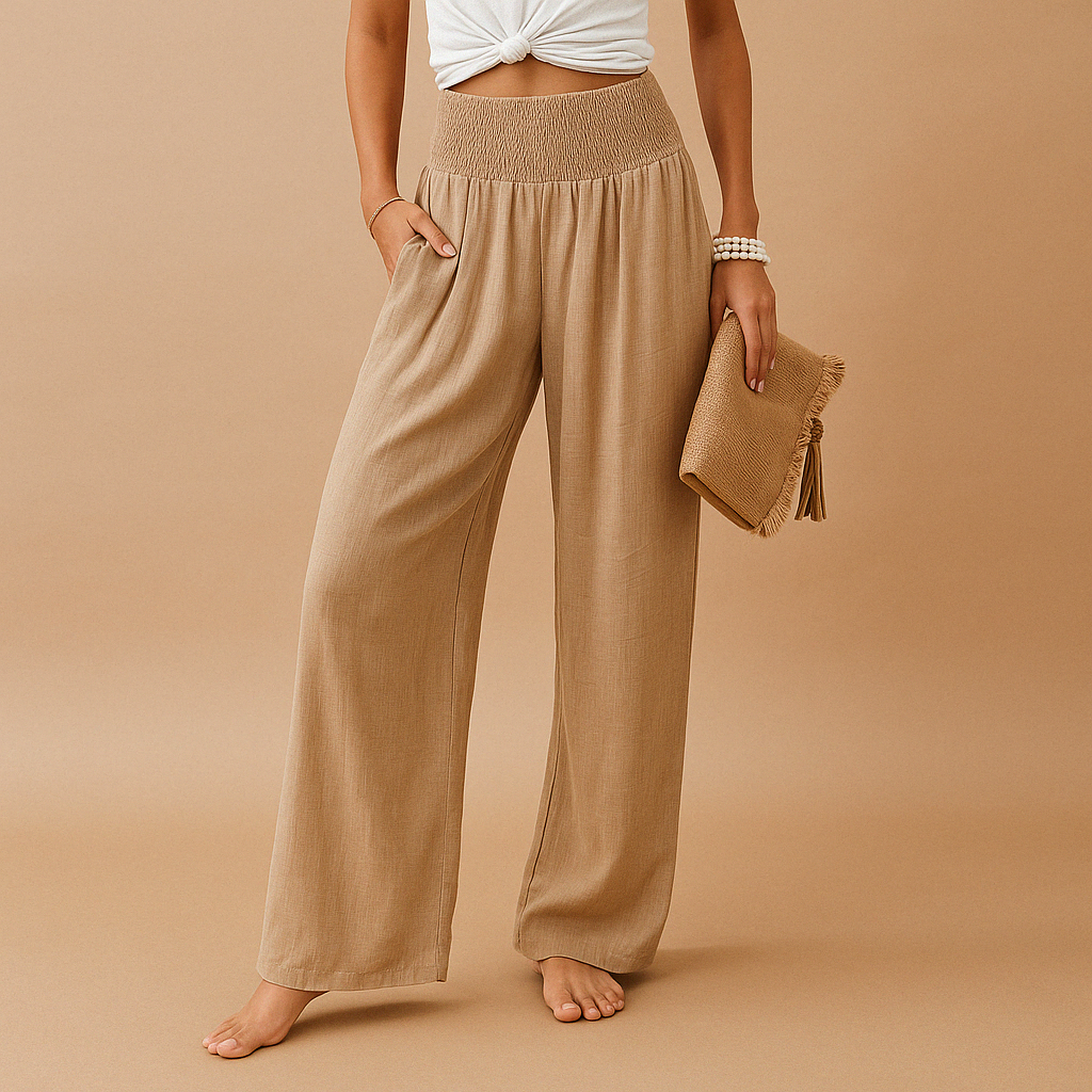 Evie - Casual Women's Linen Trousers with Smocked Waist and Wide Leg