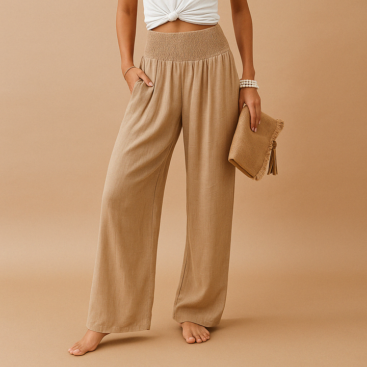 Evie - Casual Women's Linen Trousers with Smocked Waist and Wide Leg