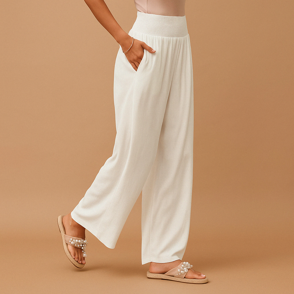Evie - Casual Women's Linen Trousers with Smocked Waist and Wide Leg