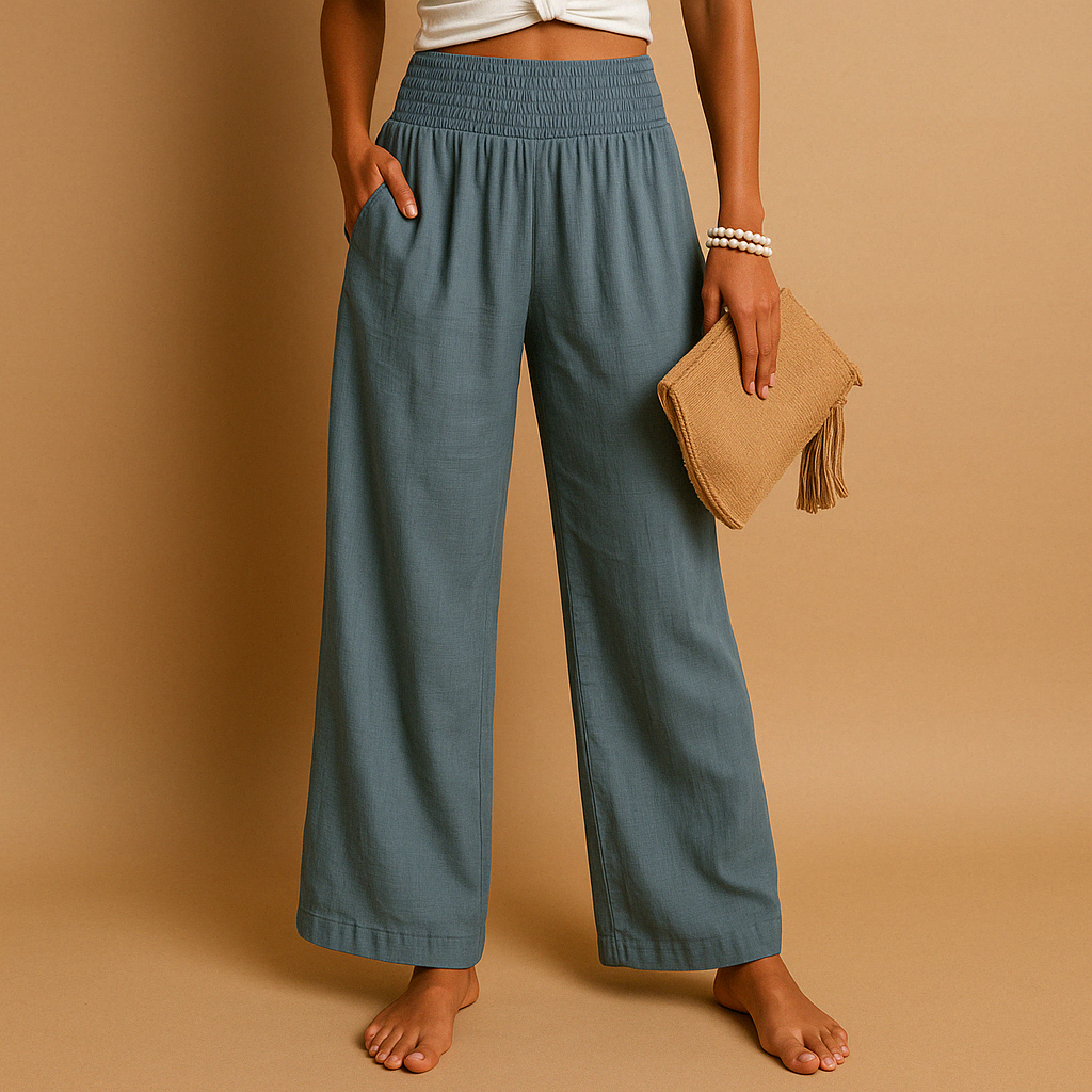 Evie - Casual Women's Linen Trousers with Smocked Waist and Wide Leg
