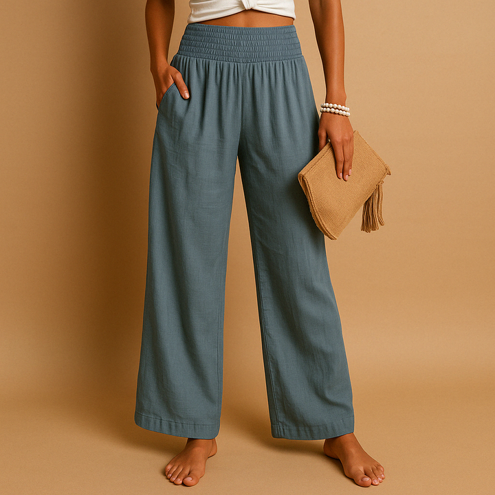 Evie - Casual Women's Linen Trousers with Smocked Waist and Wide Leg